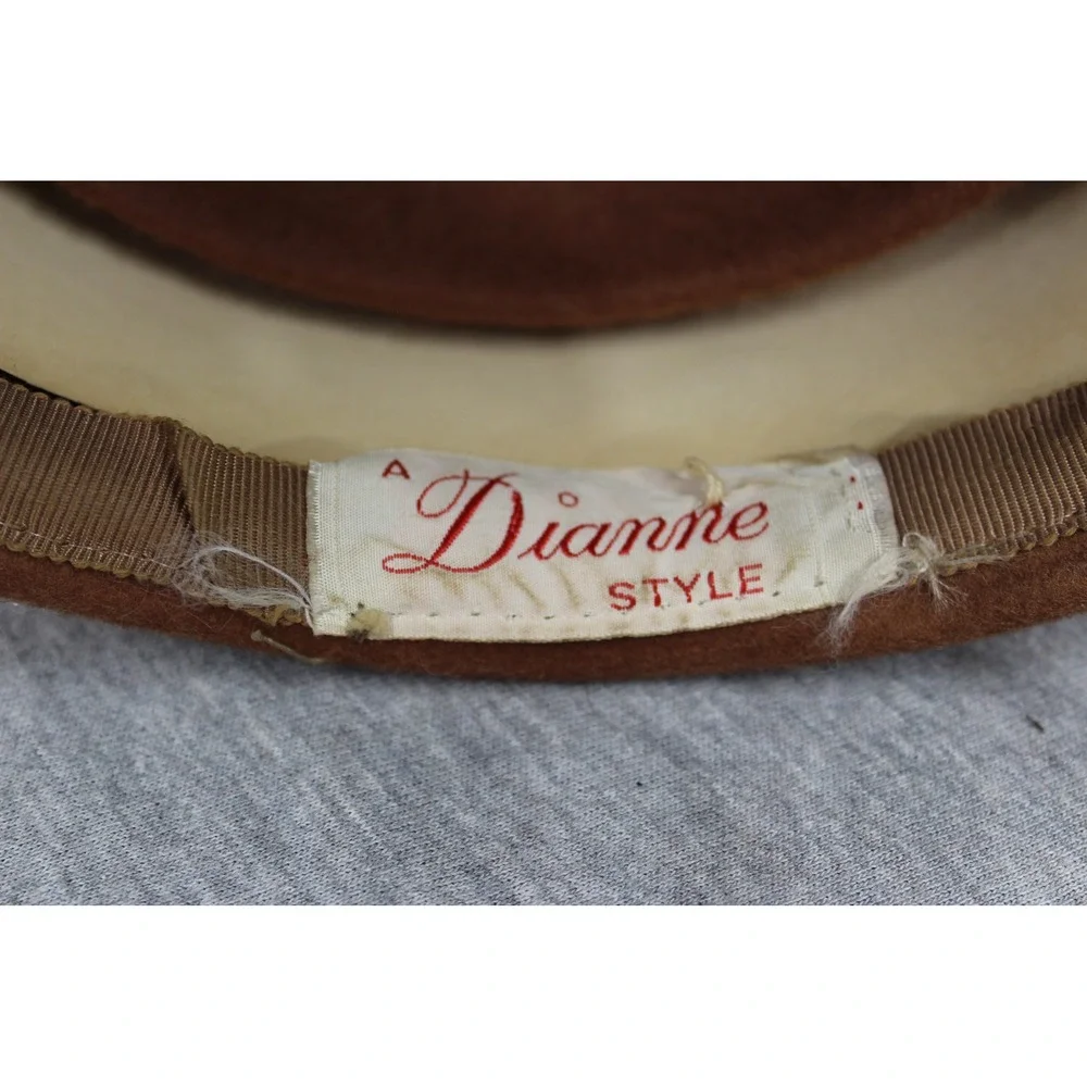 Vintage A Dianne Style Hat Women Brown Pillbox Wool Felt Jewel Bow Mid Century